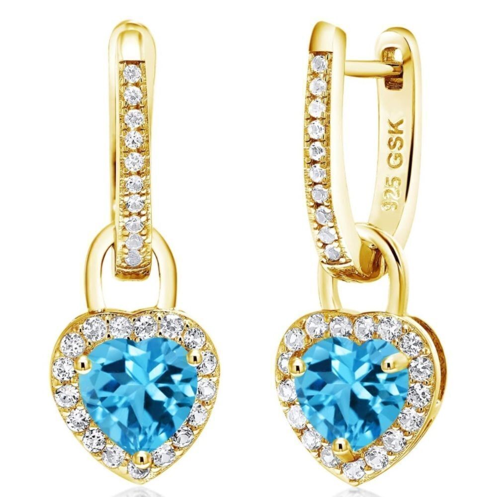 18K Yellow Gold 925 2.4 Cttw Swiss Blue Topaz and White Sapphire Heart Earrings